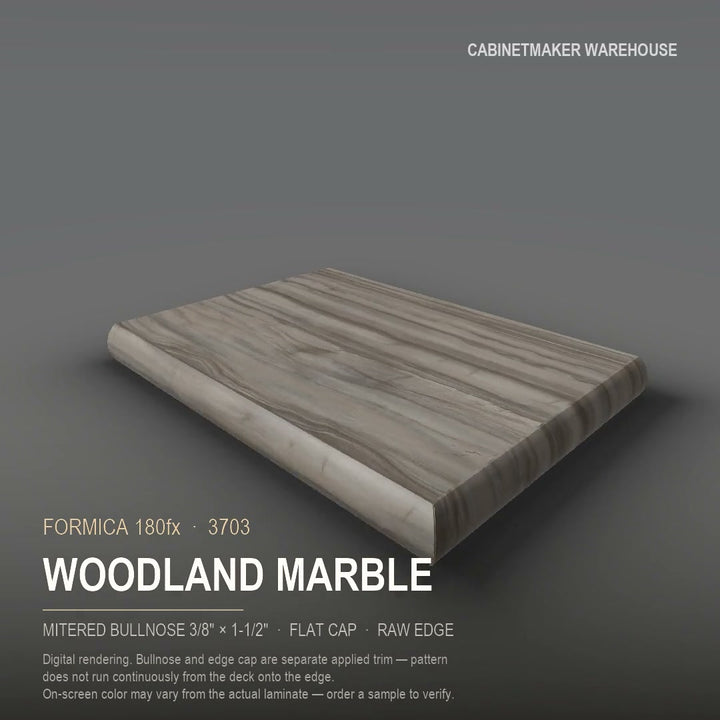 Formica Woodland Marble 3703 laminate on a countertop with a mitered bullnose edge