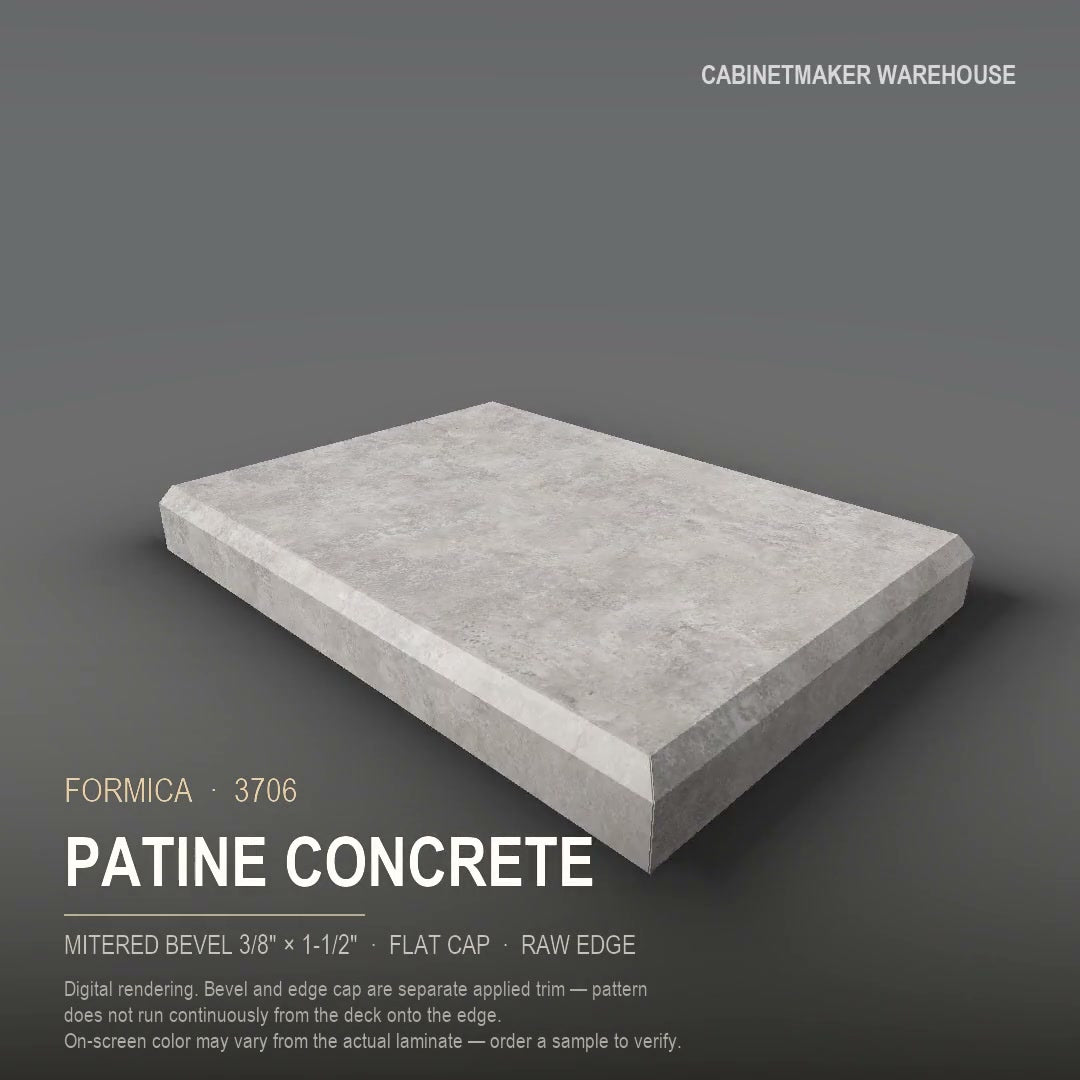 Formica Patine Concrete 3706 laminate on a countertop with a mitered bevel edge