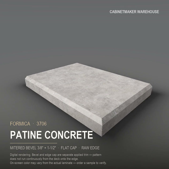 Formica Patine Concrete 3706 laminate on a countertop with a mitered bevel edge