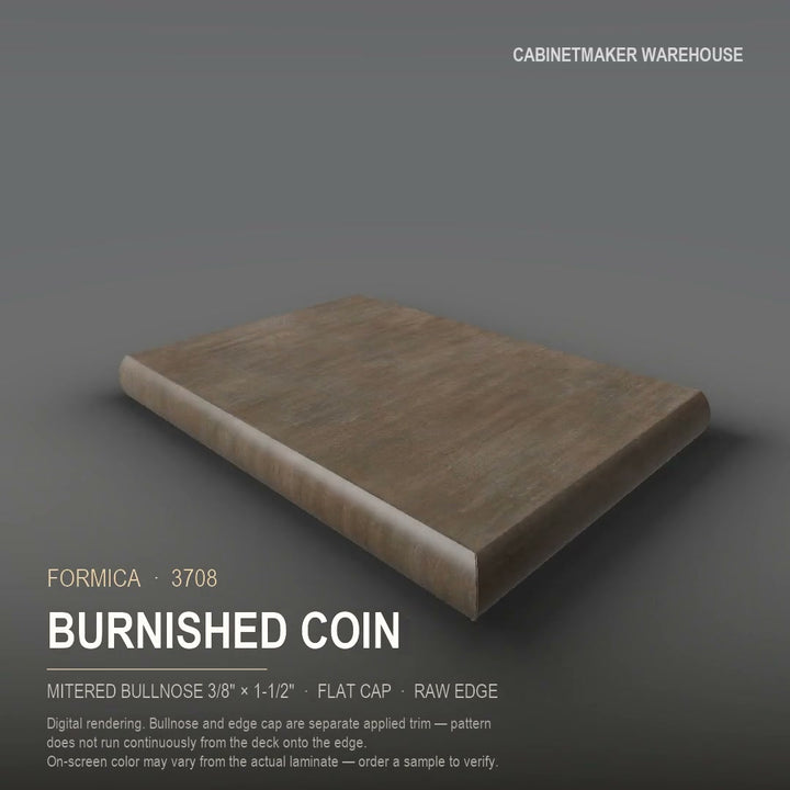 Formica Burnished Coin 3708 laminate on a countertop with a mitered bullnose edge