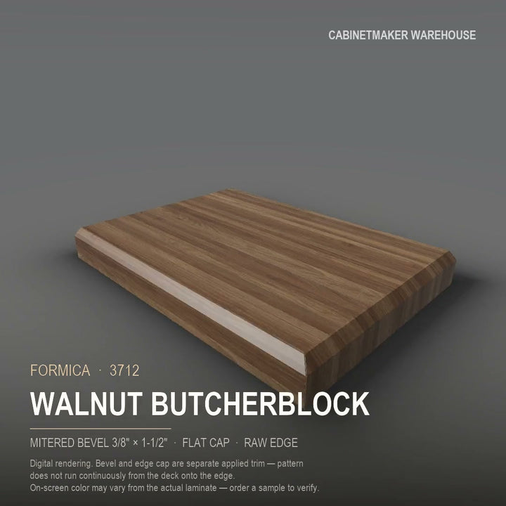 Formica Walnut Butcherblock 3712 laminate on a countertop with a mitered bevel edge