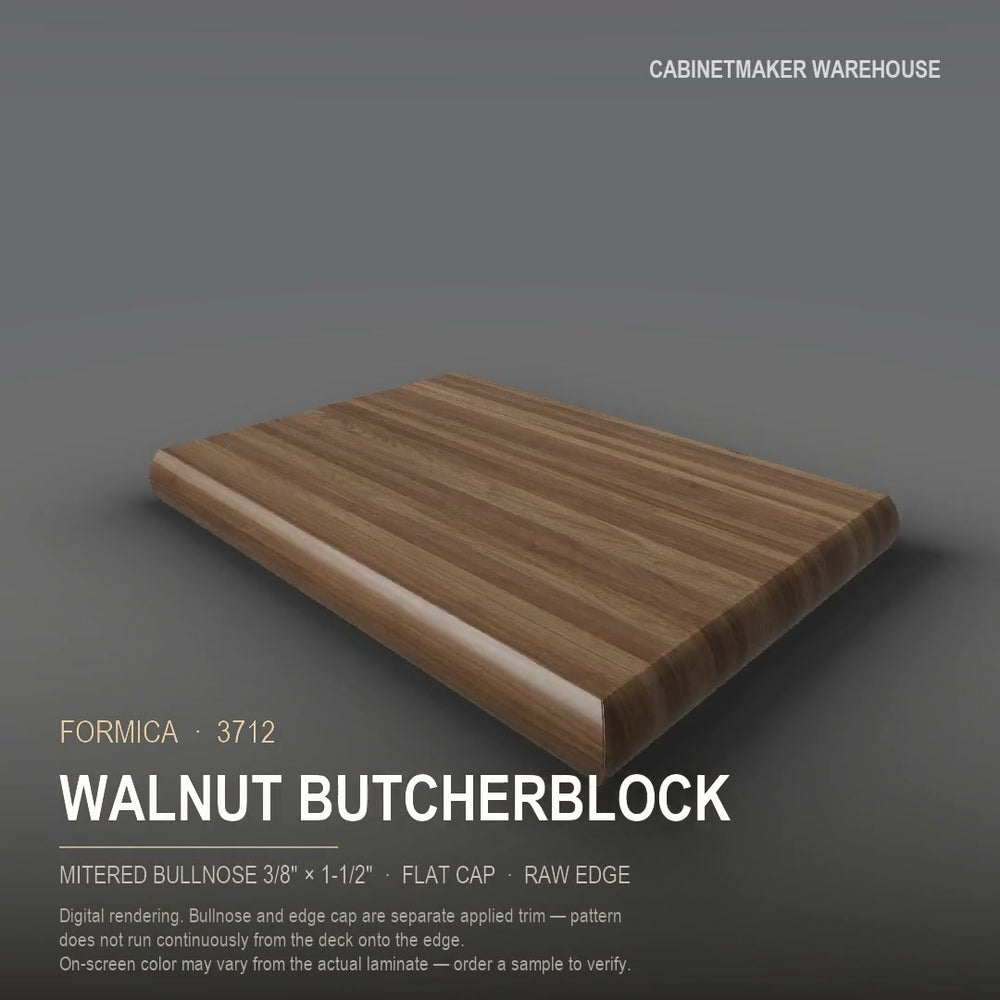 Formica Walnut Butcherblock 3712 laminate on a countertop with a mitered bullnose edge