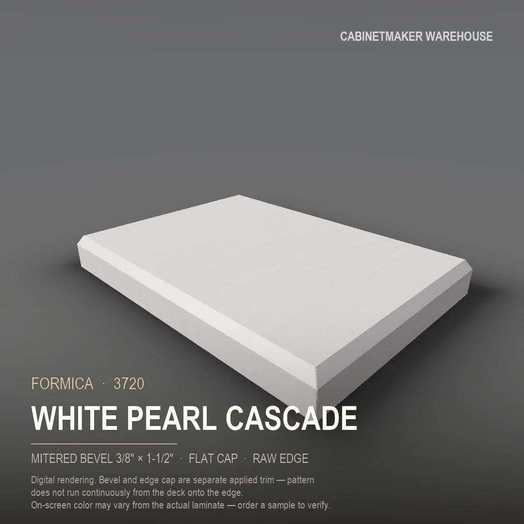 Formica White Pearl Cascade 3720 laminate on a countertop with a mitered bevel edge