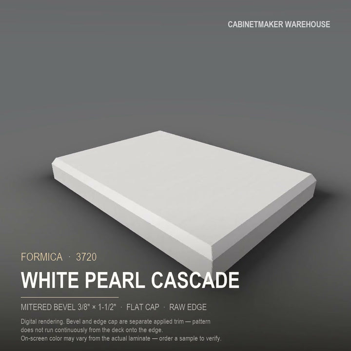 Formica White Pearl Cascade 3720 laminate on a countertop with a mitered bevel edge