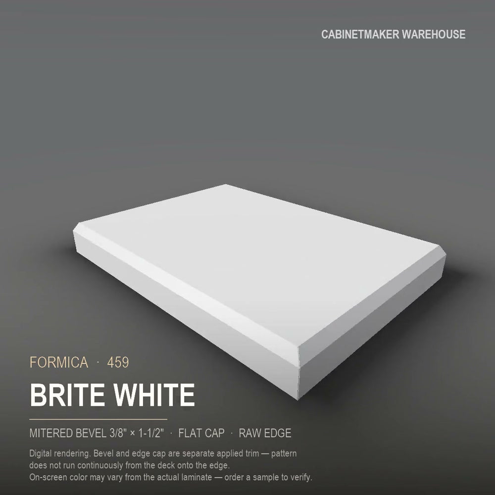 Formica Brite White 459 laminate on a countertop with a mitered bevel edge