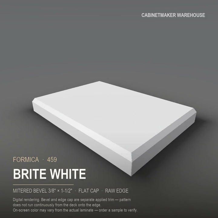 Formica Brite White 459 laminate on a countertop with a mitered bevel edge