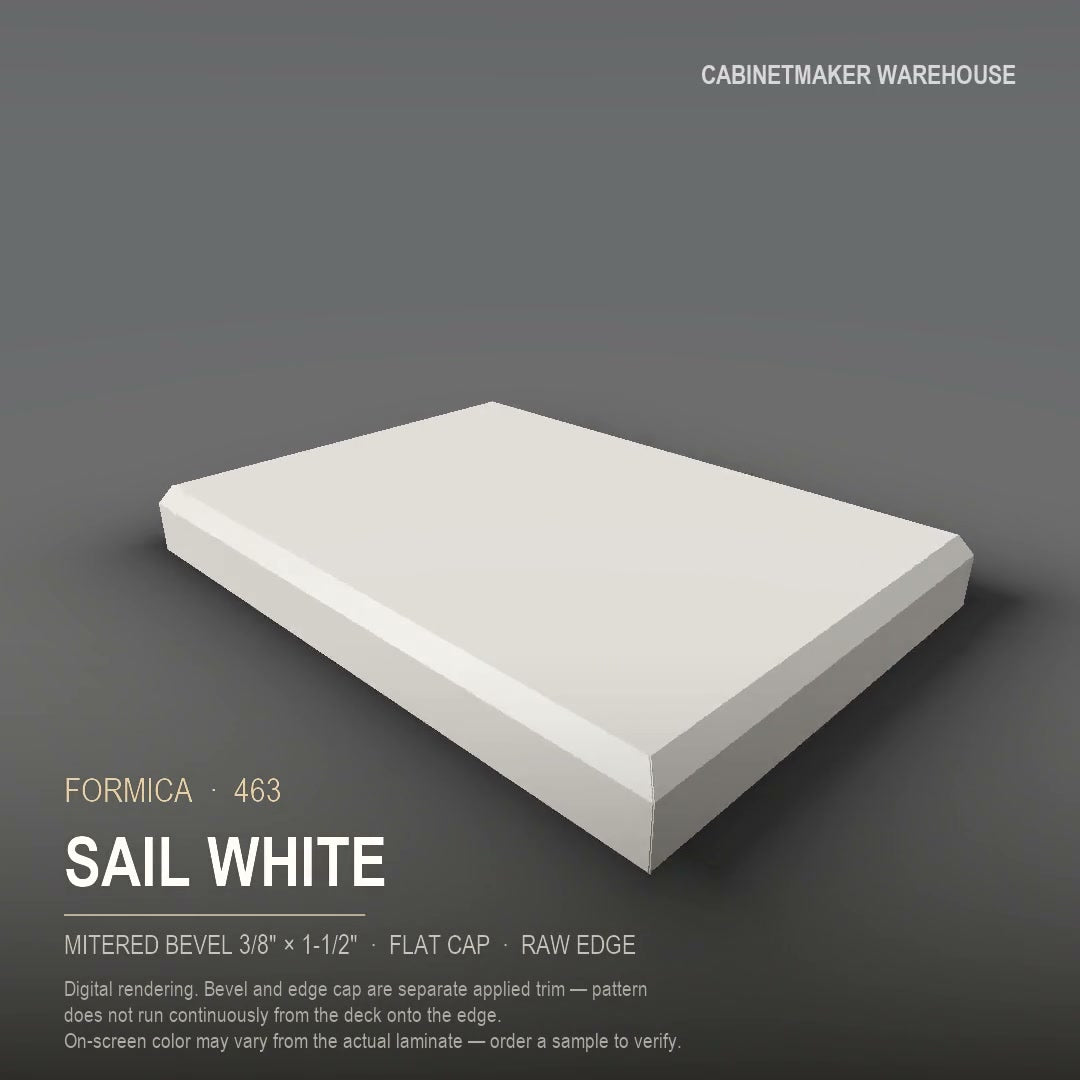 Formica Sail White 463 laminate on a countertop with a mitered bevel edge