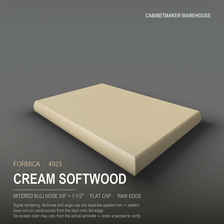Formica Cream Softwood 4923 laminate on a countertop with a mitered bullnose edge