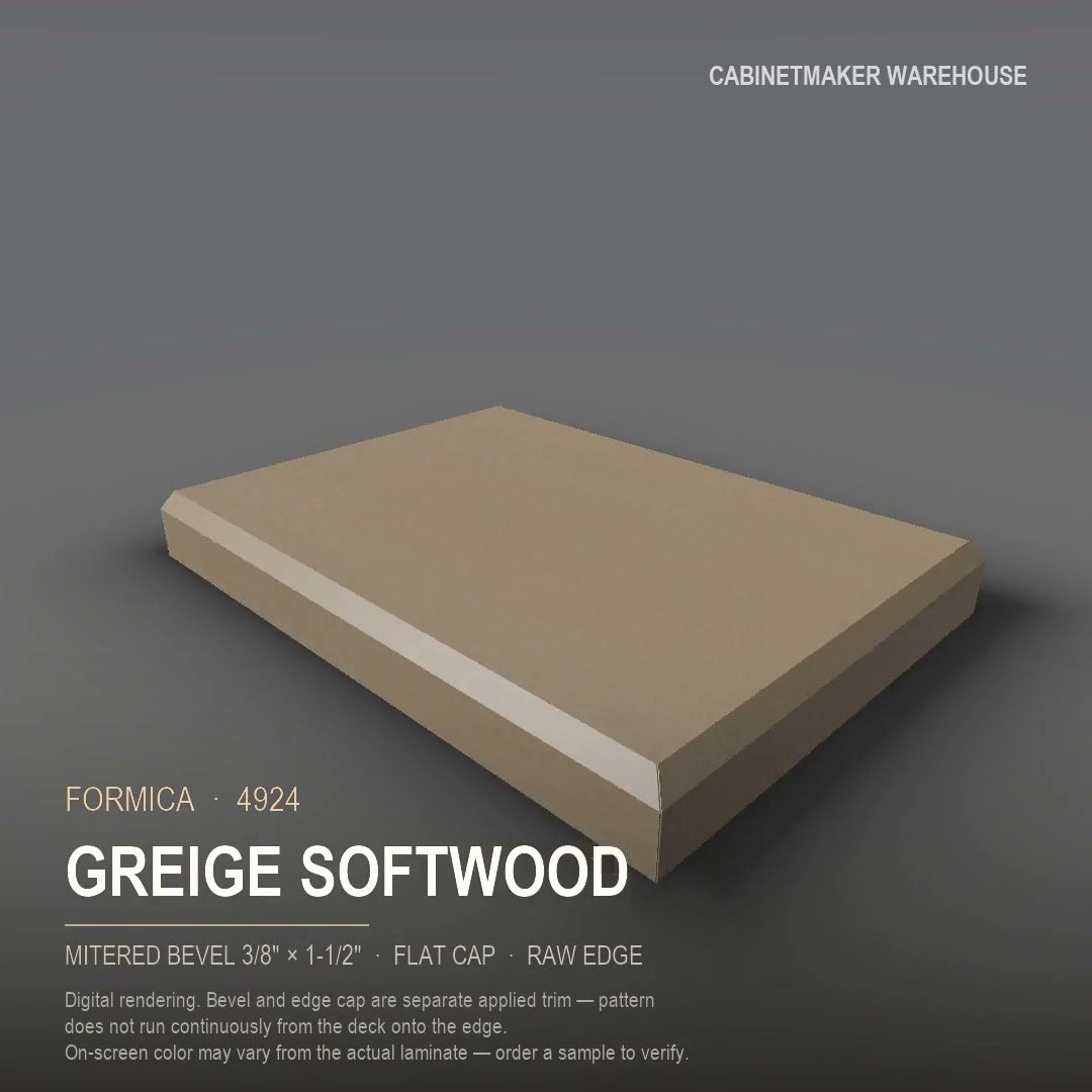Formica Greige Softwood 4924 laminate on a countertop with a mitered bevel edge