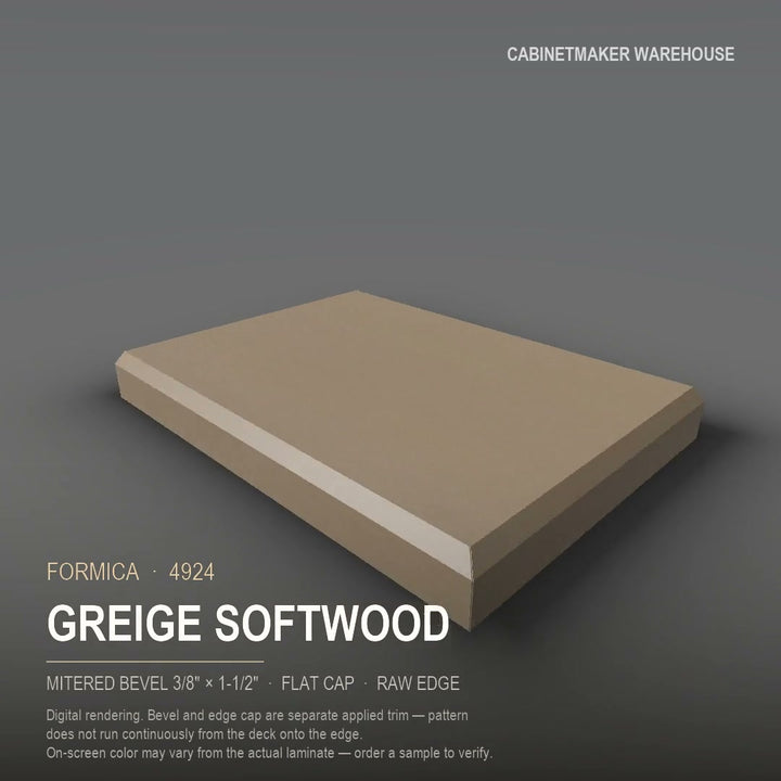 Formica Greige Softwood 4924 laminate on a countertop with a mitered bevel edge