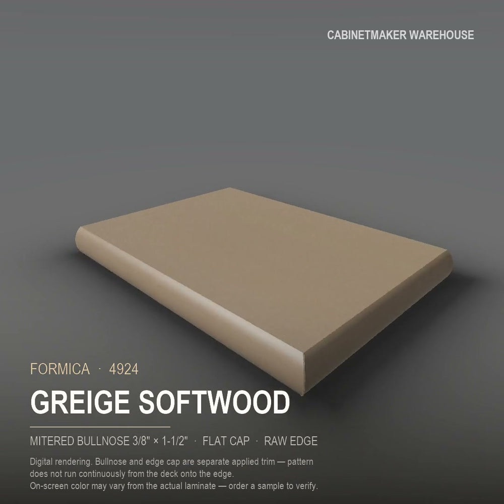 Formica Greige Softwood 4924 laminate on a countertop with a mitered bullnose edge
