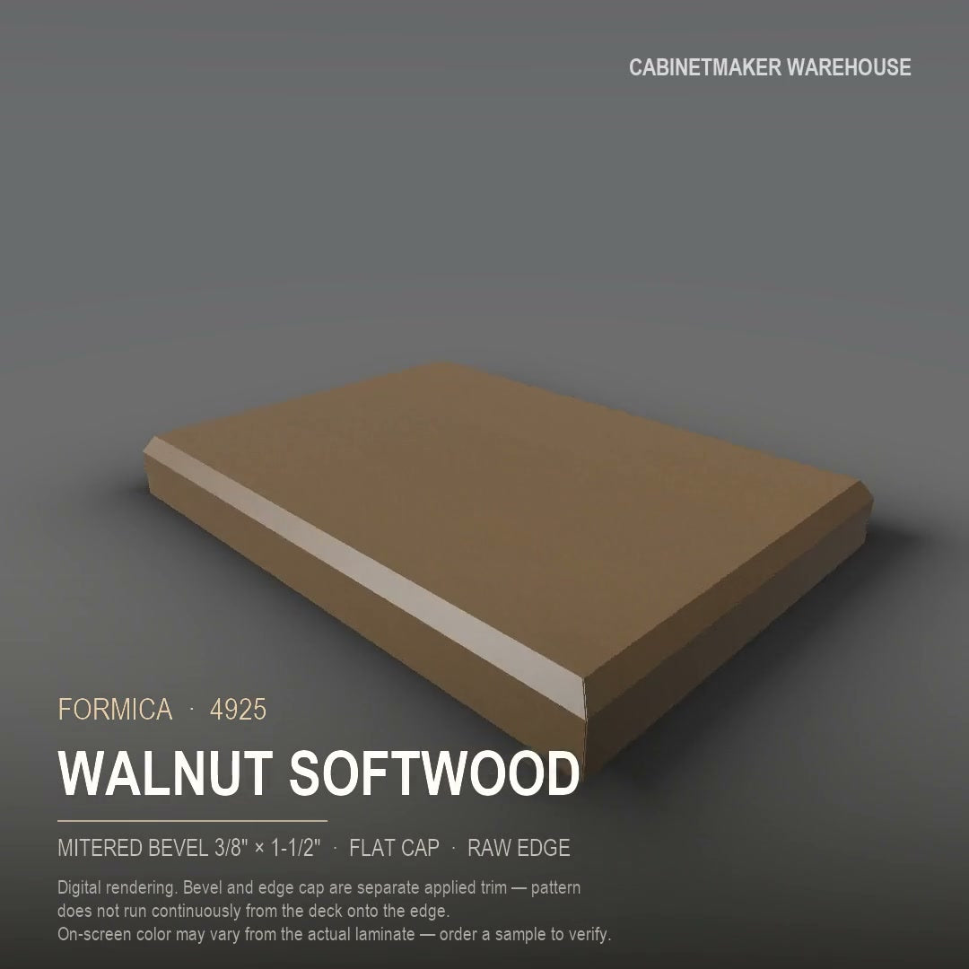 Formica Walnut Softwood 4925 laminate on a countertop with a mitered bevel edge