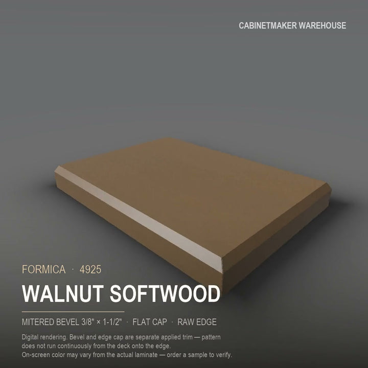 Formica Walnut Softwood 4925 laminate on a countertop with a mitered bevel edge