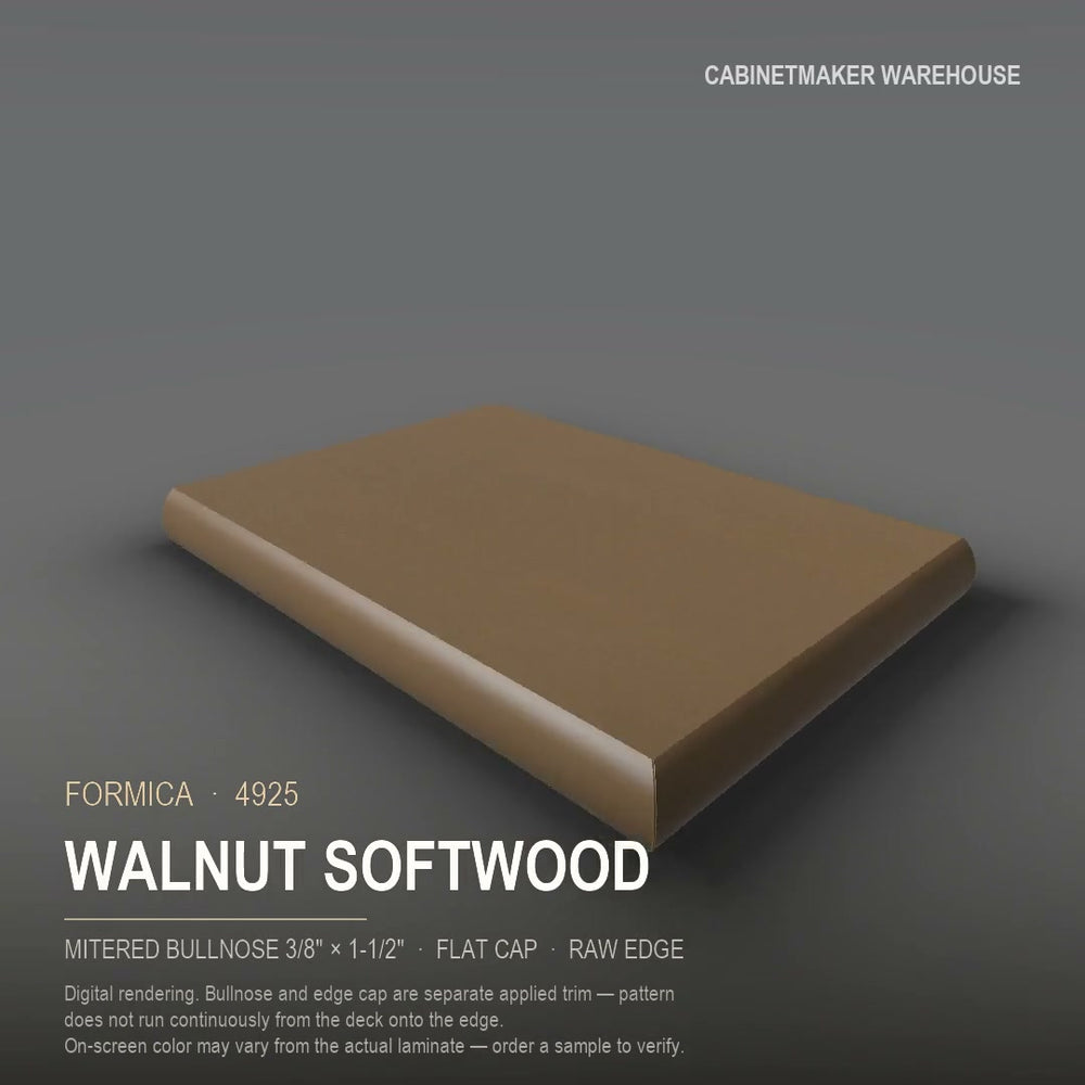 Formica Walnut Softwood 4925 laminate on a countertop with a mitered bullnose edge