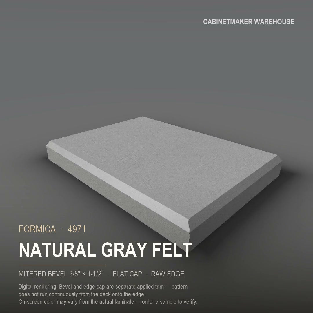 Formica Natural Gray Felt 4971 laminate on a countertop with a mitered bevel edge