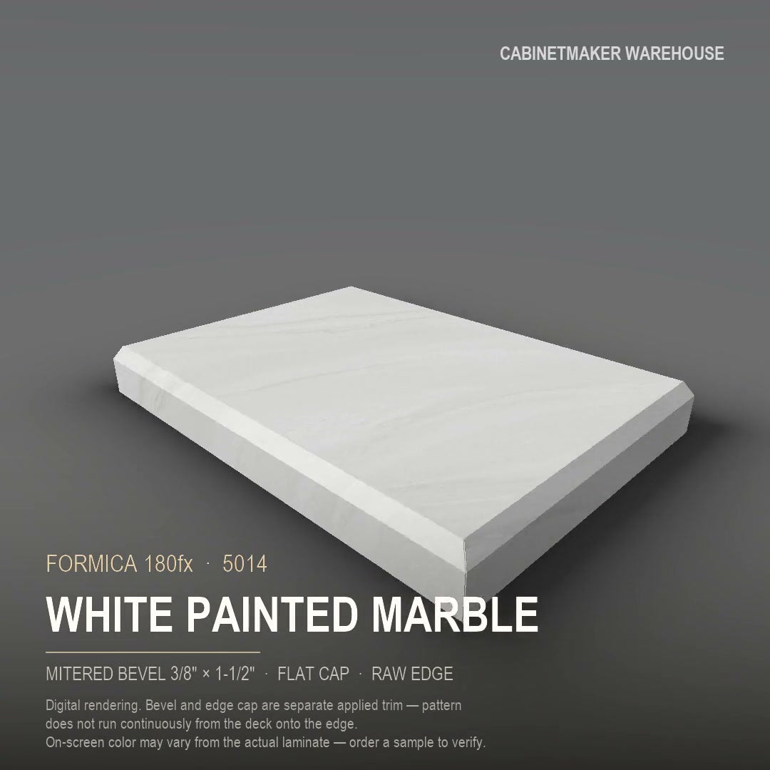 Formica White Painted Marble 5014 laminate on a countertop with a mitered bevel edge
