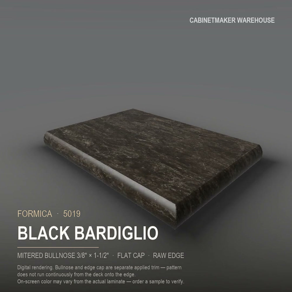Formica Black Bardiglio 5019 laminate on a countertop with a mitered bullnose edge