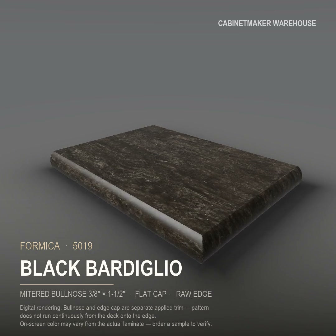 Formica Black Bardiglio 5019 laminate on a countertop with a mitered bullnose edge