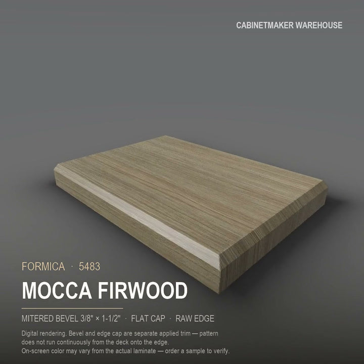 Formica Mocca Firwood 5483 laminate on a countertop with a mitered bevel edge