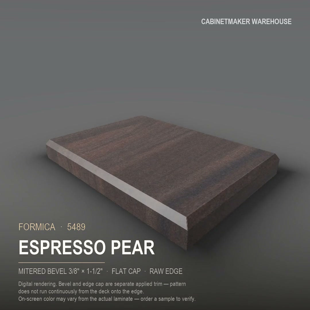 Formica Espresso Pear 5489 laminate on a countertop with a mitered bevel edge