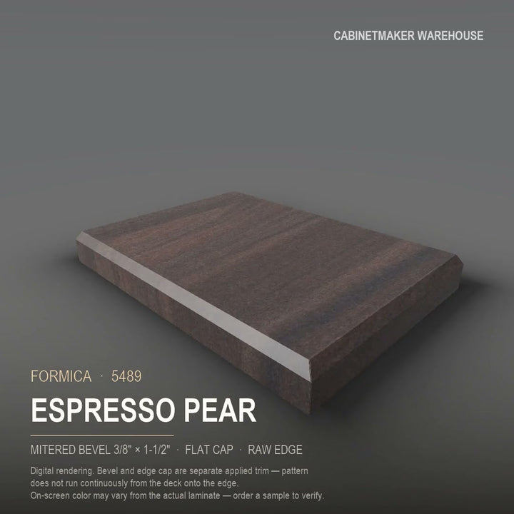 Formica Espresso Pear 5489 laminate on a countertop with a mitered bevel edge