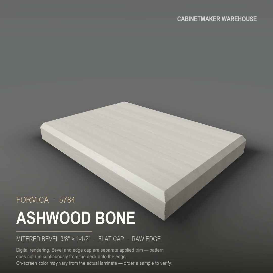 Formica Ashwood Bone 5784 laminate on a countertop with a mitered bevel edge