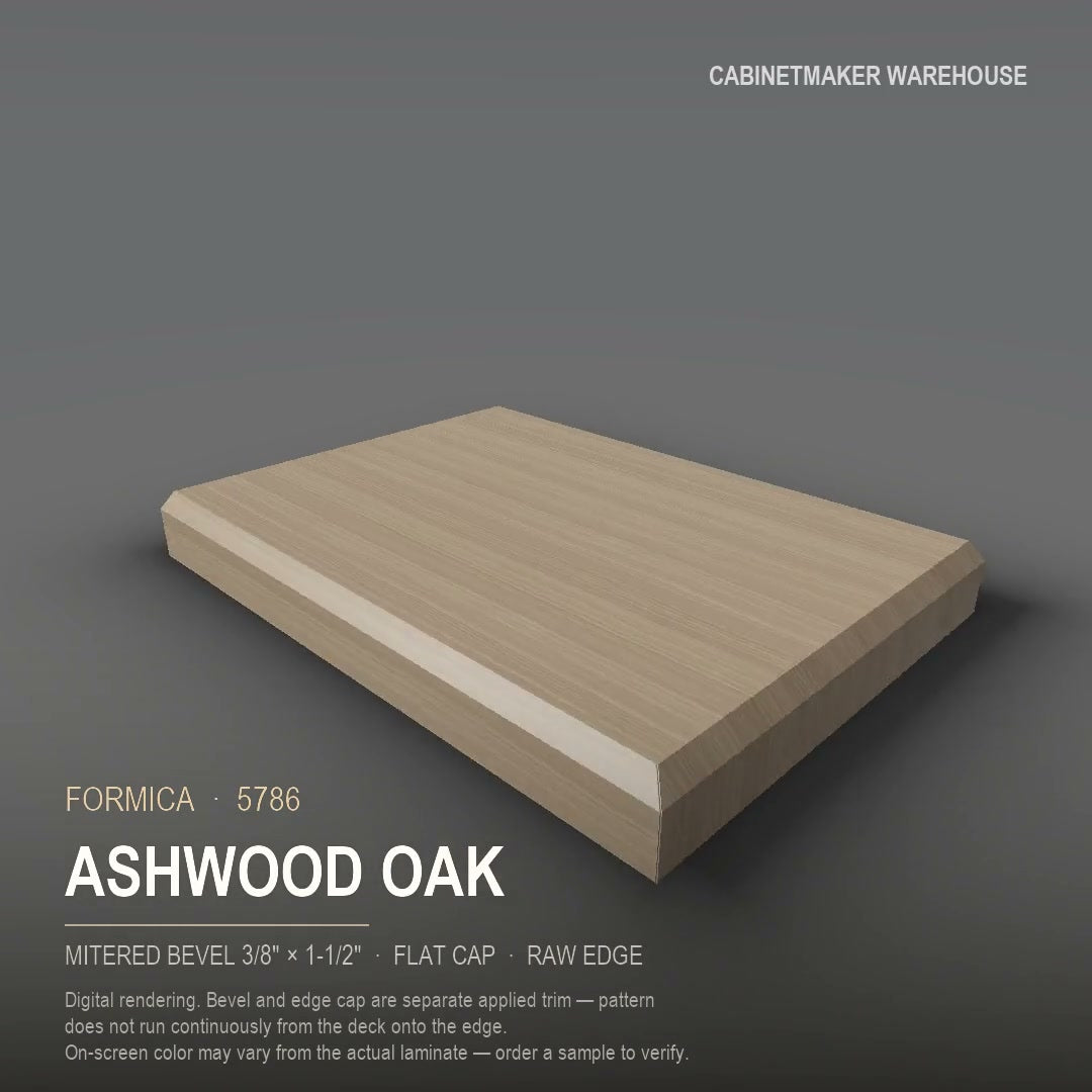 Formica Ashwood Oak 5786 laminate on a countertop with a mitered bevel edge