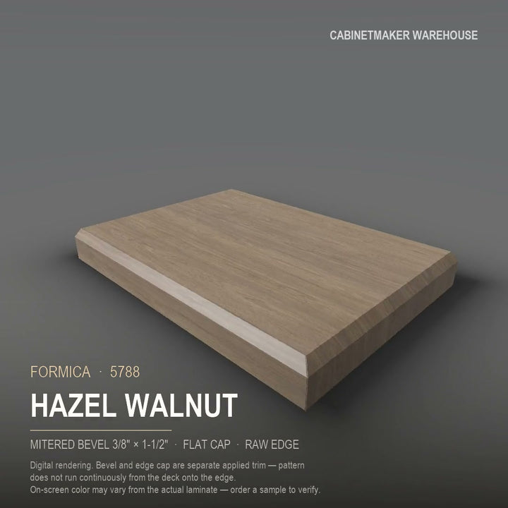 Formica Hazel Walnut 5788 laminate on a countertop with a mitered bevel edge