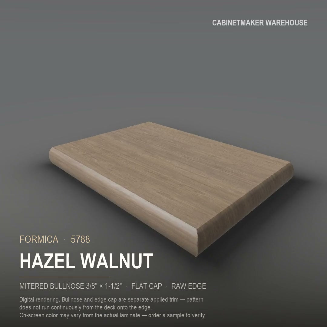 Formica Hazel Walnut 5788 laminate on a countertop with a mitered bullnose edge