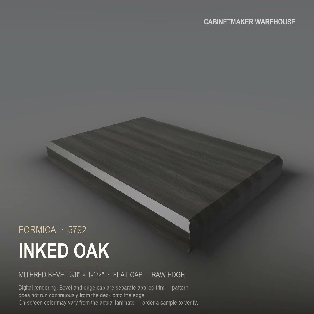 Formica Inked Oak 5792 laminate on a countertop with a mitered bevel edge