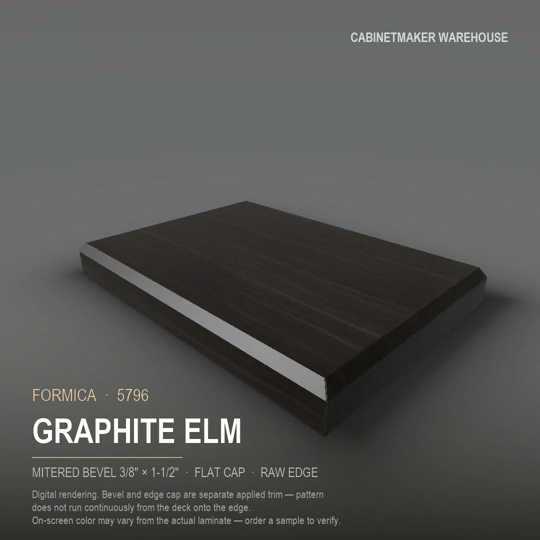 Formica Graphite Elm 5796 laminate on a countertop with a mitered bevel edge
