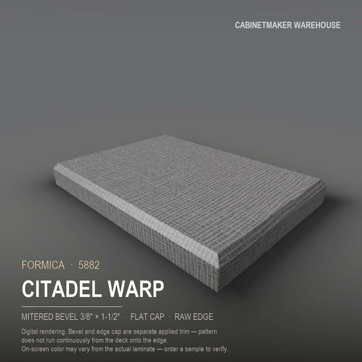 Formica Citadel Warp 5882 laminate on a countertop with a mitered bevel edge