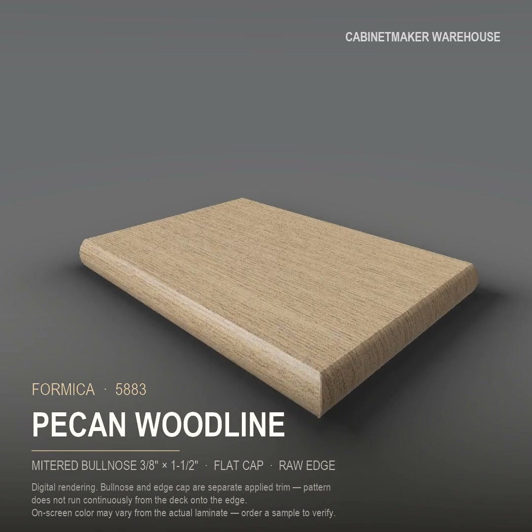 Formica Pecan Woodline 5883 laminate on a countertop with a mitered bullnose edge