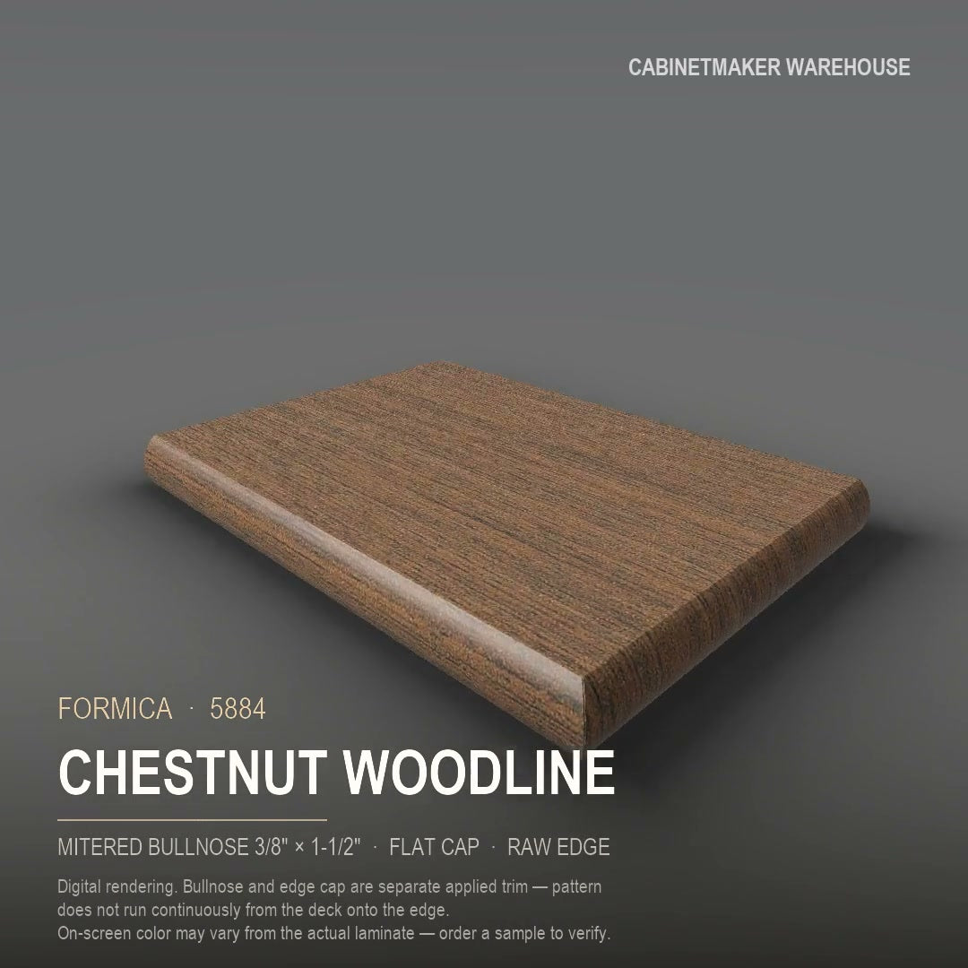 Formica Chestnut Woodline 5884 laminate on a countertop with a mitered bullnose edge