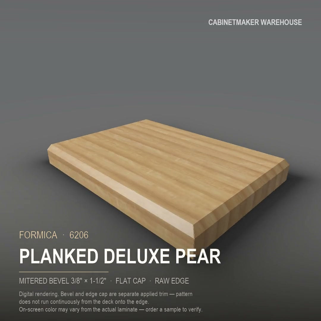Formica Planked Deluxe Pear 6206 laminate on a countertop with a mitered bevel edge