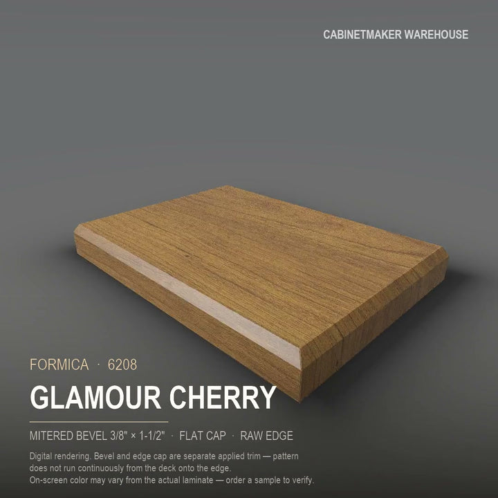 Formica Glamour Cherry 6208 laminate on a countertop with a mitered bevel edge
