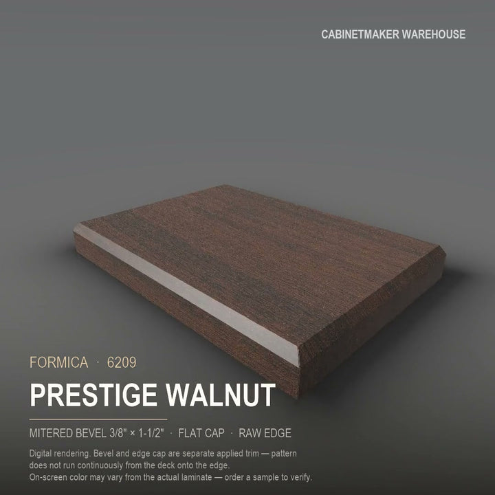Formica Prestige Walnut 6209 laminate on a countertop with a mitered bevel edge