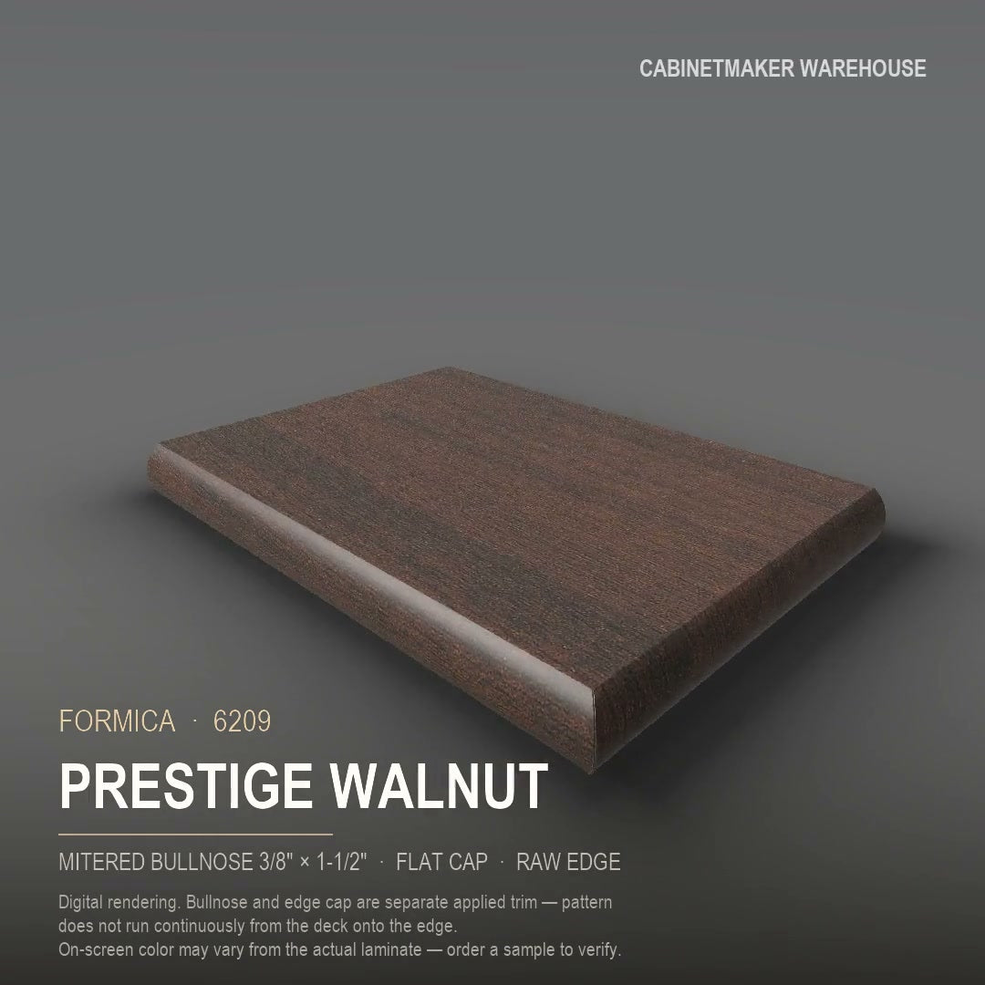 Formica Prestige Walnut 6209 laminate on a countertop with a mitered bullnose edge
