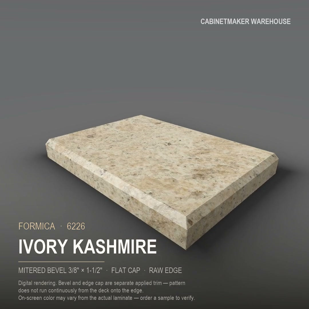 Formica Ivory Kashmire 6226 laminate on a countertop with a mitered bevel edge