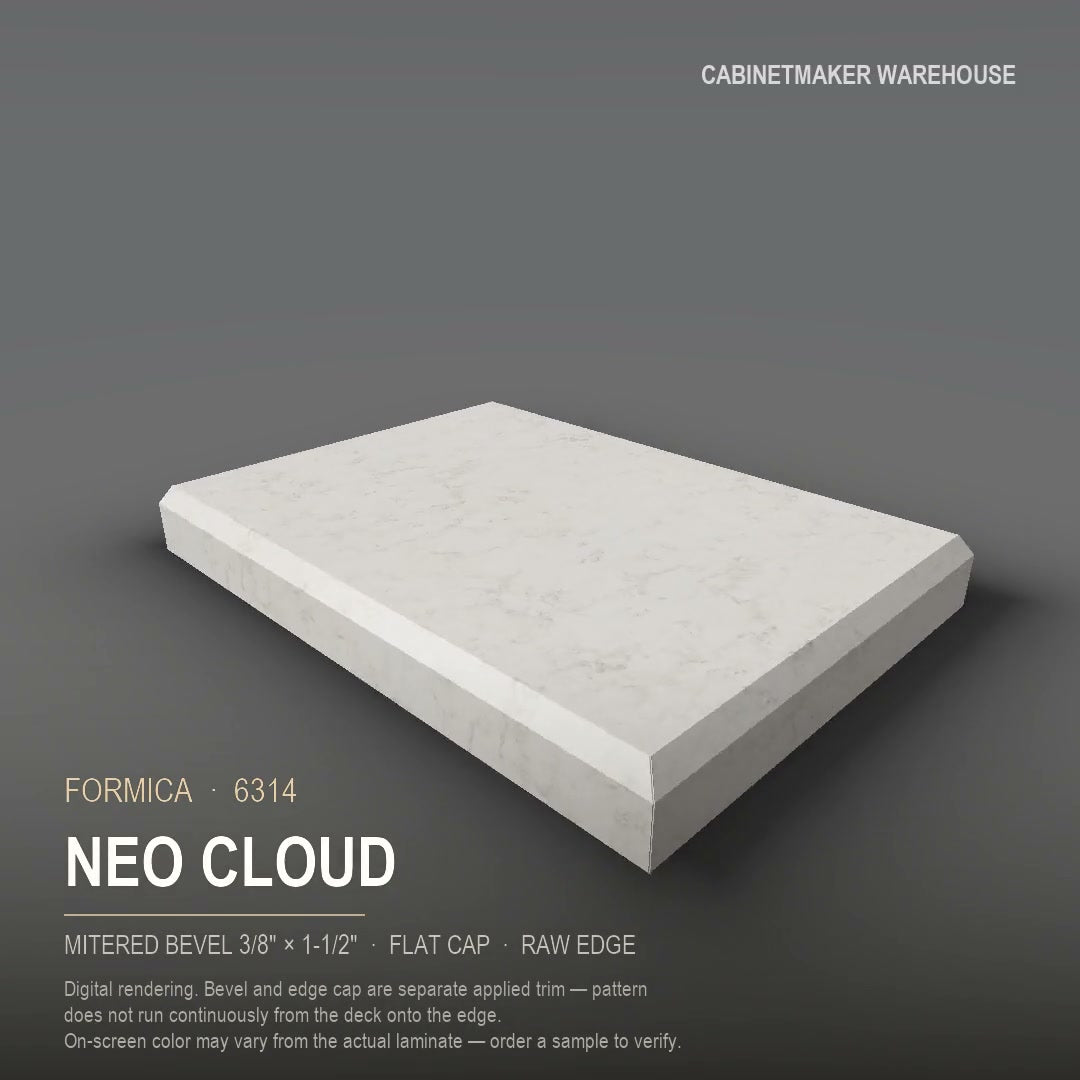 Formica Neo Cloud 6314 laminate on a countertop with a mitered bevel edge