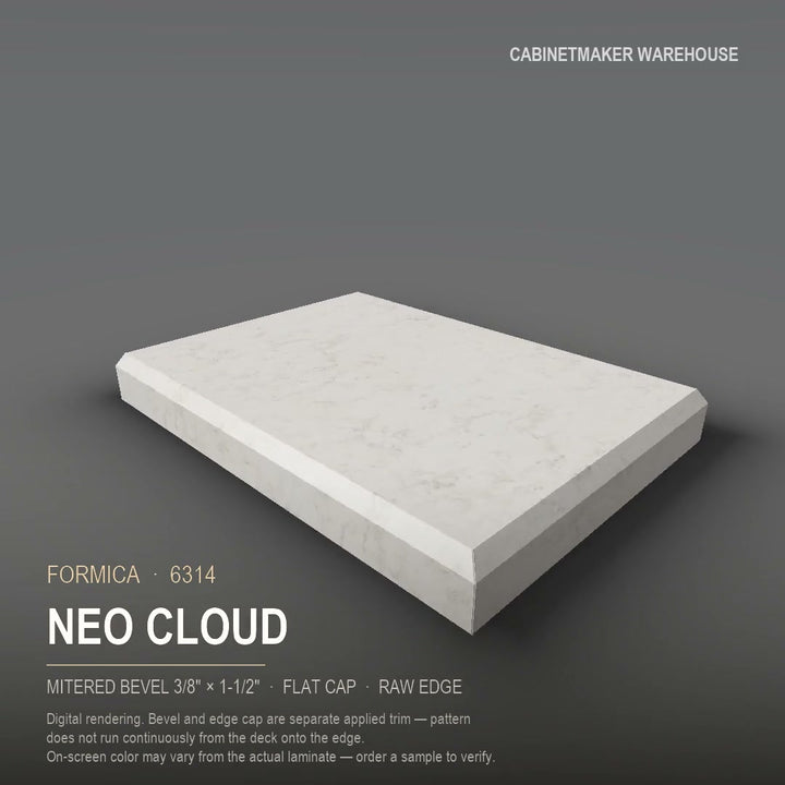Formica Neo Cloud 6314 laminate on a countertop with a mitered bevel edge