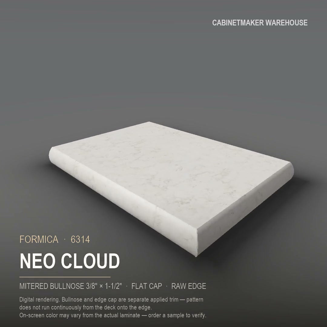 Formica Neo Cloud 6314 laminate on a countertop with a mitered bullnose edge