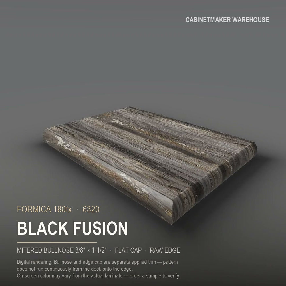 Formica Black Fusion 6320 laminate on a countertop with a mitered bullnose edge