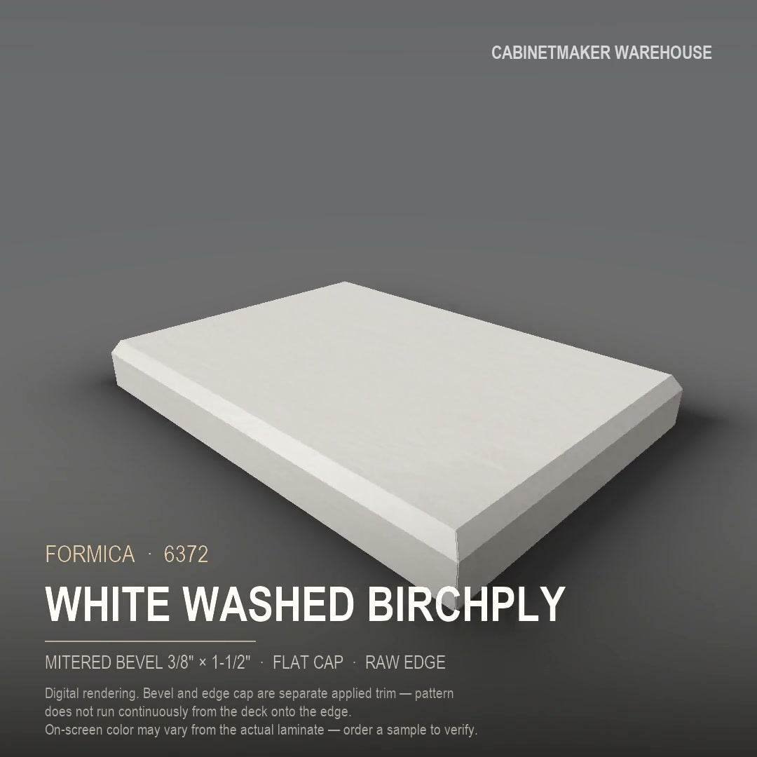 Formica White Washed Birchply 6372 laminate on a countertop with a mitered bevel edge
