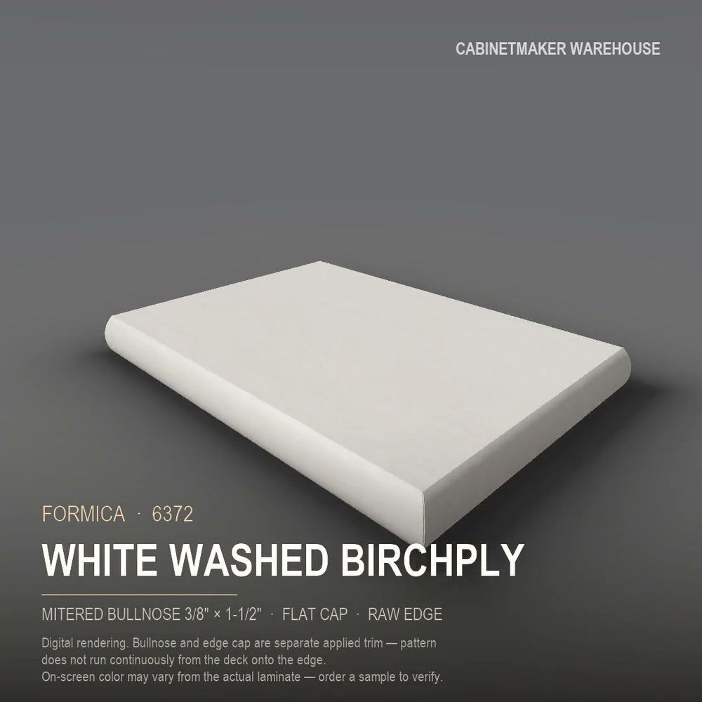 Formica White Washed Birchply 6372 laminate on a countertop with a mitered bullnose edge