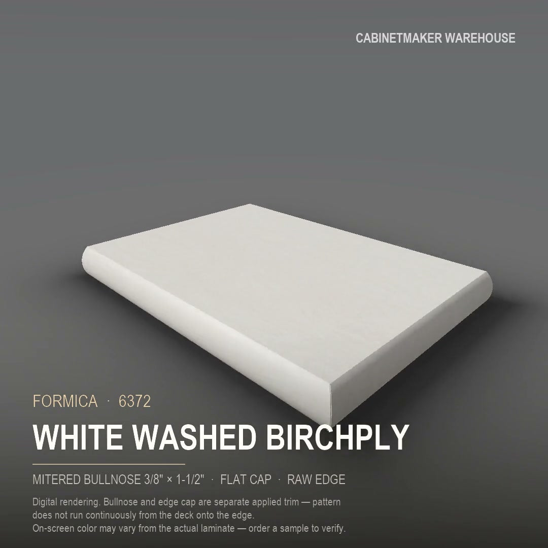 Formica White Washed Birchply 6372 laminate on a countertop with a mitered bullnose edge