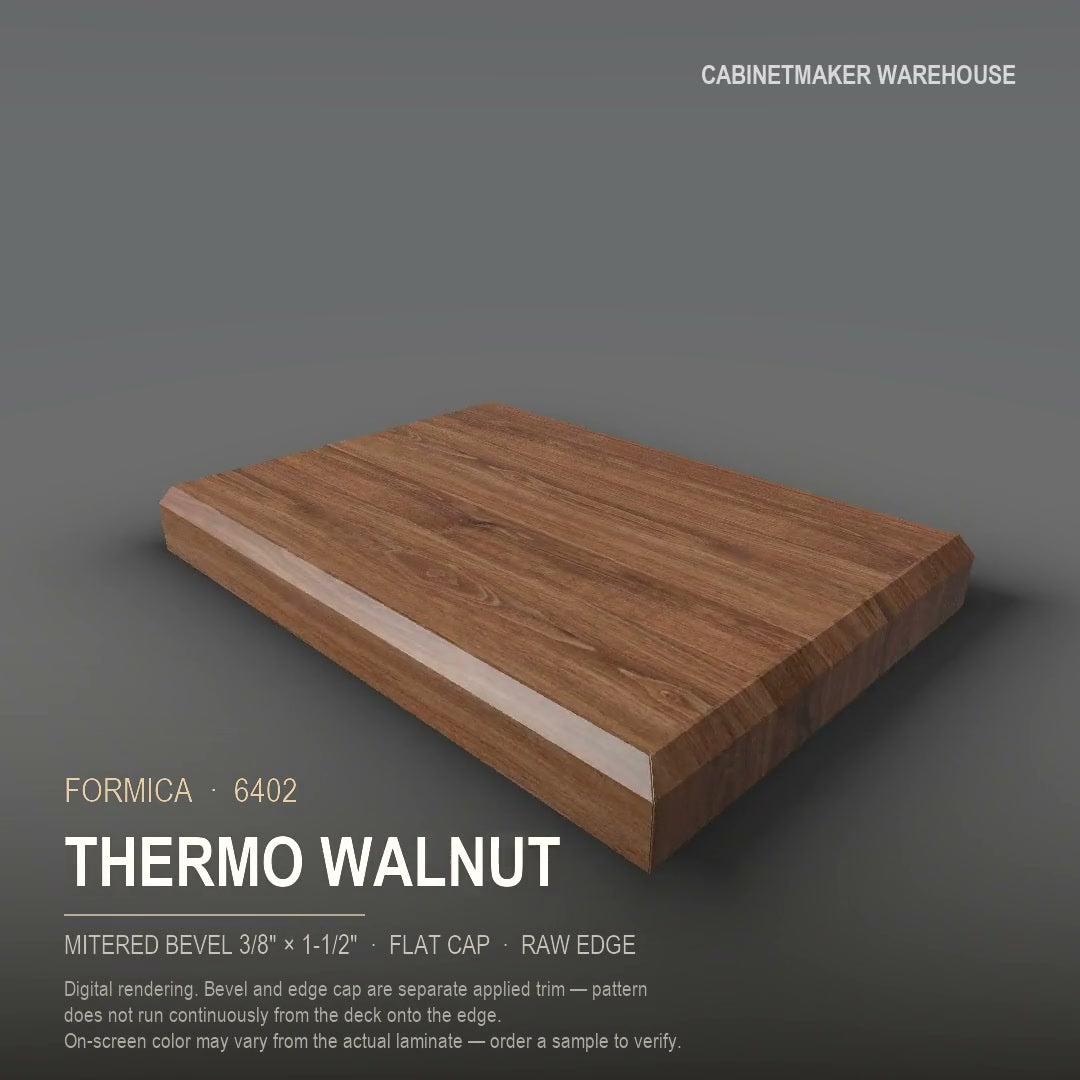 Formica Thermo Walnut 6402 laminate on a countertop with a mitered bevel edge