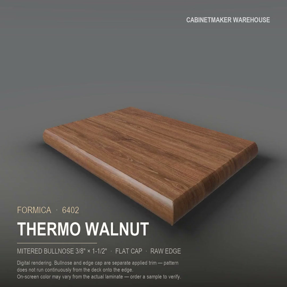 Formica Thermo Walnut 6402 laminate on a countertop with a mitered bullnose edge