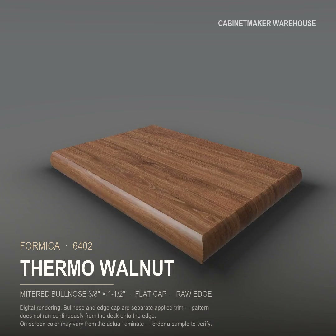 Formica Thermo Walnut 6402 laminate on a countertop with a mitered bullnose edge
