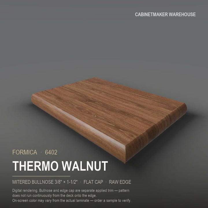 Formica Thermo Walnut 6402 laminate on a countertop with a mitered bullnose edge